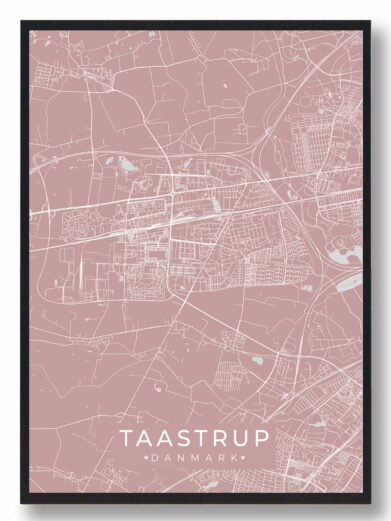 Taastrup byplakat i stilrent design. Denne Taastrup byplakat er med rosa baggrund og viser Taastrup fra sin smukkeste side
