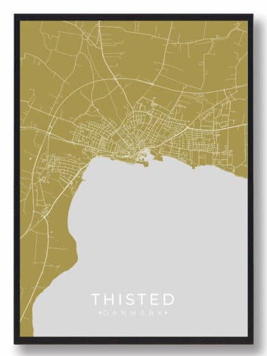 Thisted byplakat i karrygul. Detaljeret kort over Thisted, Nordjylland, med gadeplan. Perfekt som vægdekoration. Nu på tilbud!