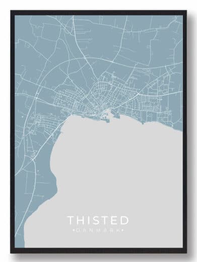 Lyseblå Thisted plakat med kort over byen. Minimalistisk design, perfekt til væggen. Nordjylland, Danmark.