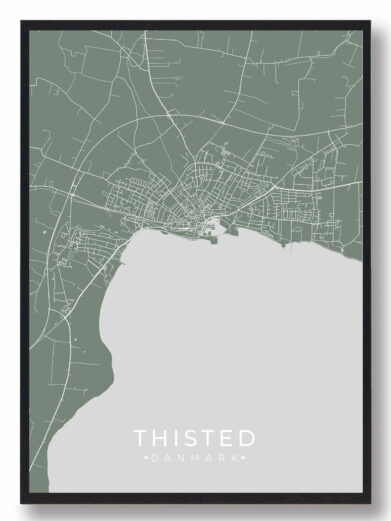 Thisted plakat i grøn. Mintgrøn bykort med hvide gader og sort ramme. Minimalistisk design, perfekt til Thisted-entusiaster.