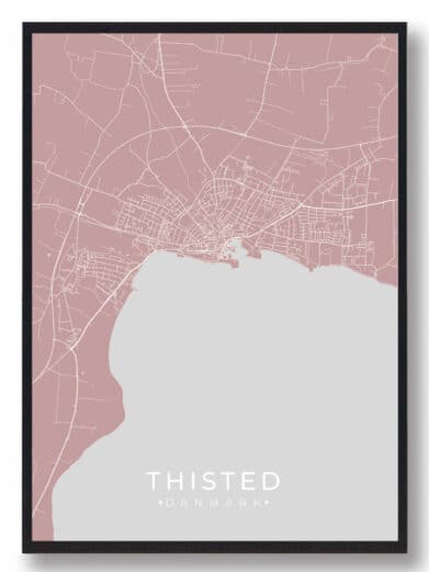 Thisted plakat i rosa. Bykort design med sorte ramme. Perfekt til at vise din kærlighed til Thisted, Danmark. Detaljeret og stilfuld.