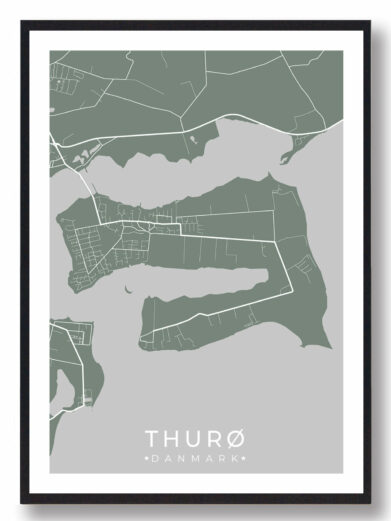 Thurø byplakat i stilrent design. Denne Thurø byplakat er med grøn baggrund og viser Thurø fra sin smukkeste side