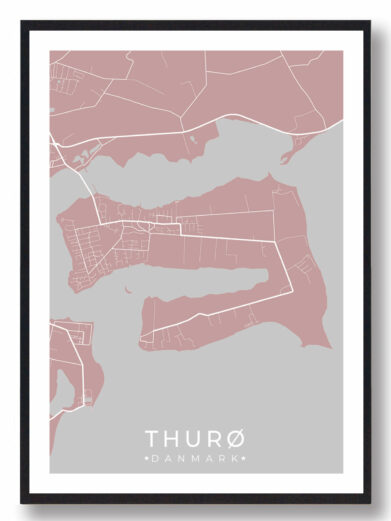 Thurø byplakat i stilrent design. Denne Thurø byplakat er med rosa baggrund og viser Thurø fra sin smukkeste side