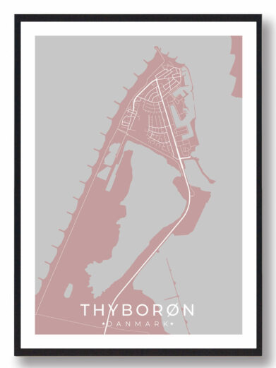 Thyborøn byplakat i stilrent design. Denne Thyborøn byplakat er med rosa baggrund og viser Thyborøn fra sin smukkeste side