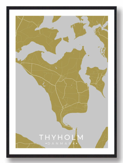 Thyholm byplakat i stilrent design. Denne Thyholm byplakat er med gul baggrund og viser Thyholm fra sin smukkeste side