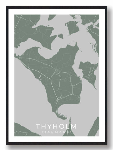 Thyholm byplakat i stilrent design. Denne Thyholm byplakat er med grøn baggrund og viser Thyholm fra sin smukkeste side