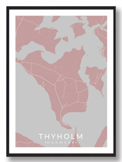 Thyholm byplakat i stilrent design. Denne Thyholm byplakat er med rosa baggrund og viser Thyholm fra sin smukkeste side