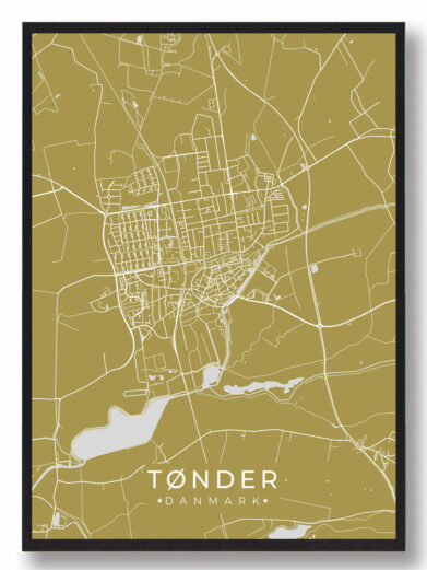 Tønder byplakat i stilrent design. Denne Tønder byplakat er med gul baggrund og viser Tønder fra sin smukkeste side