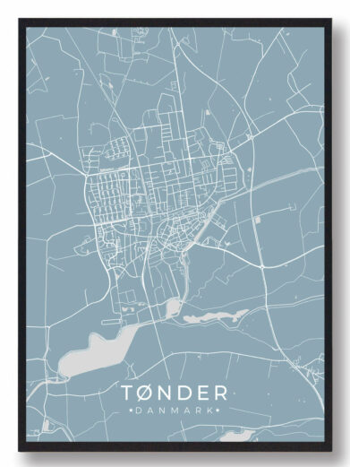 Tønder byplakat i stilrent design. Denne Tønder byplakat er med lyseblå baggrund og viser Tønder fra sin smukkeste side