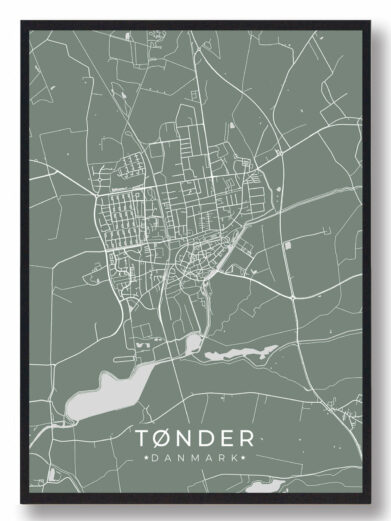 Tønder byplakat i stilrent design. Denne Tønder byplakat er med grøn baggrund og viser Tønder fra sin smukkeste side