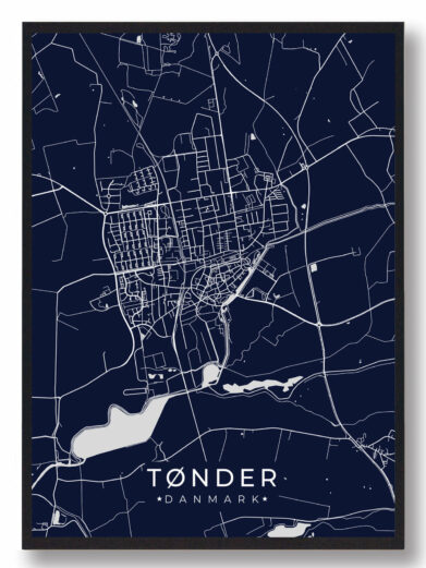Tønder byplakat i stilrent design. Denne Tønder byplakat er med mørkeblå baggrund og viser Tønder fra sin smukkeste side