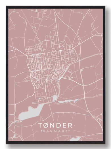 Tønder byplakat i stilrent design. Denne Tønder byplakat er med rosa baggrund og viser Tønder fra sin smukkeste side
