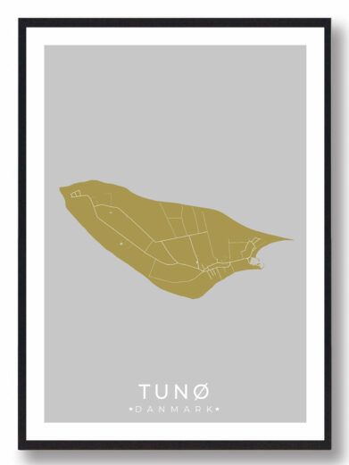 Tunø byplakat i stilrent design. Denne Tunø byplakat er med gul baggrund og viser Tunø fra sin smukkeste side
