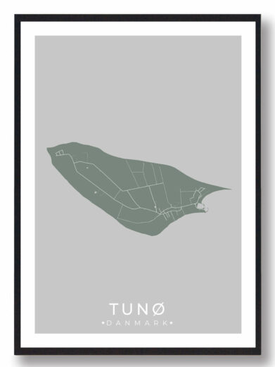 Tunø byplakat i stilrent design. Denne Tunø byplakat er med mørkeblå baggrund og viser Tunø fra sin smukkeste side