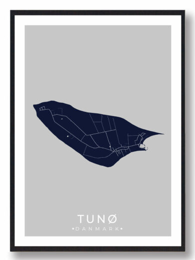 Tunø byplakat i stilrent design. Denne Tunø byplakat er med mørkeblå baggrund og viser Tunø fra sin smukkeste side