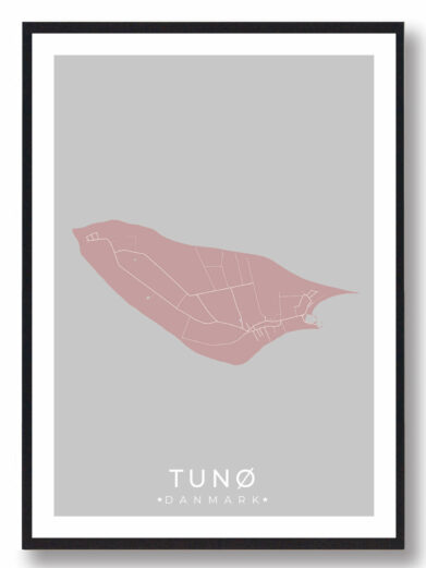 Tunø byplakat i stilrent design. Denne Tunø byplakat er med rosa baggrund og viser Tunø fra sin smukkeste side