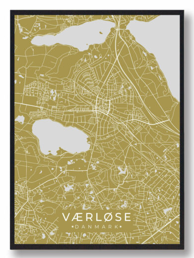 Værløse byplakat i stilrent design. Denne Værløse byplakat er med gul baggrund og viser Værløse fra sin smukkeste side