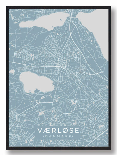 Værløse byplakat i stilrent design. Denne Værløse byplakat er med lyseblå baggrund og viser Værløse fra sin smukkeste side