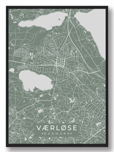 Værløse byplakat i stilrent design. Denne Værløse byplakat er med grøn baggrund og viser Værløse fra sin smukkeste side