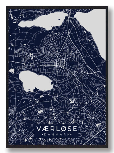 Værløse byplakat i stilrent design. Denne Værløse byplakat er med mørkeblå baggrund og viser Værløse fra sin smukkeste side