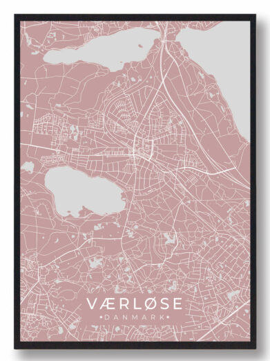 Værløse byplakat i stilrent design. Denne Værløse byplakat er med rosa baggrund og viser Værløse fra sin smukkeste side