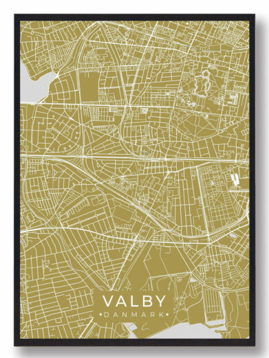 Valby byplakat i stilrent design. Denne Valby byplakat er med gul baggrund og viser Valby fra sin smukkeste side