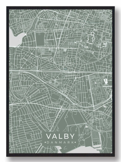 Valby byplakat i stilrent design. Denne Valby byplakat er med grøn baggrund og viser Valby fra sin smukkeste side