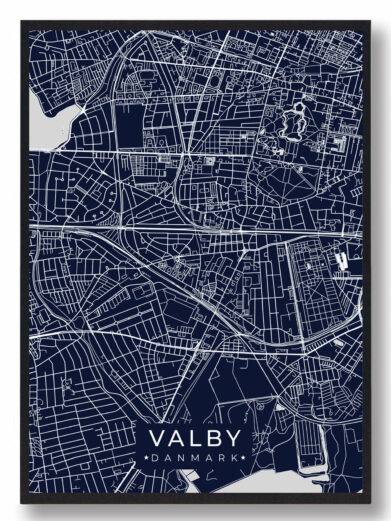Valby byplakat i stilrent design. Denne Valby byplakat er med mørkeblå baggrund og viser Valby fra sin smukkeste side