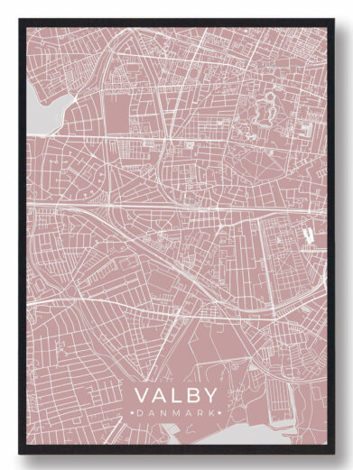 Valby byplakat i stilrent design. Denne Valby byplakat er med rosa baggrund og viser Valby fra sin smukkeste side