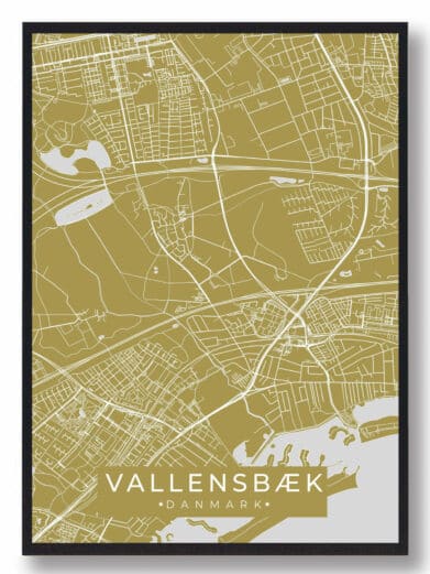 Vallensbæk plakat i karrygul. Detaljeret kort over Vallensbæk, Sjælland. Moderne design, perfekt til at vise din by.