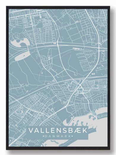 Vallensbæk plakat i lyseblå. Detaljeret bykort med gader og vandløb. Moderne design, perfekt til Vallensbæk-entusiaster.