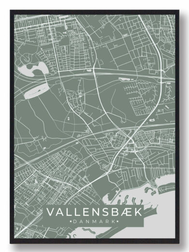 Vallensbæk plakat i mintgrøn. Bykort med gader og vandveje i stilfuldt design. Perfekt som vægdekoration. Detaljeret og moderne.