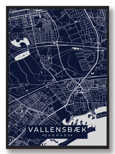 Vallensbæk plakat i mørkeblå: Detaljeret bykort med hvide linjer. Elegant design for Vallensbæk-elskere. Køb den grønne by nu!