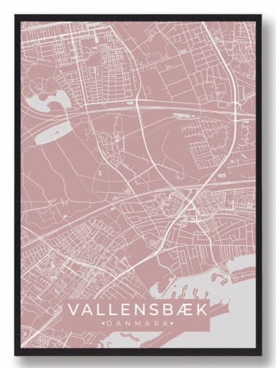 Vallensbæk plakat i rosa toner. Minimalistisk bykort med gader og vandløb. Perfekt til væggen!
