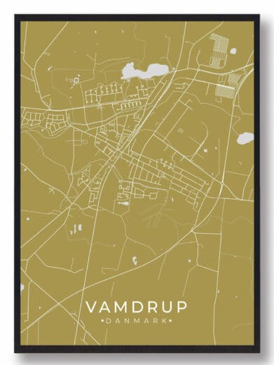 Stylish Vamdrup plakat in karrygul. A modern art print map of Vamdrup, Syddanmark. Detailed streets and landmarks in a minimalist design.