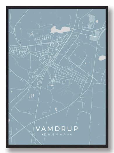 Elegant Vamdrup plakat i lyseblå med kort over byen og hvide linjer. Minimalistisk stil. Perfekt til væggen!