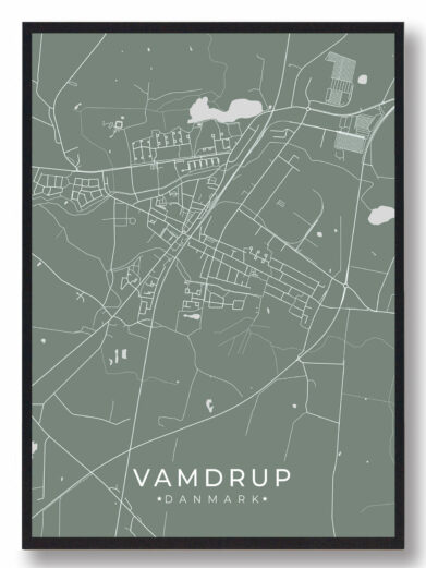 Mintgrøn Vamdrup plakat med bykort design. Detaljeret kort over Vamdrup, Syddanmark. Stilfuldt og moderne design.
