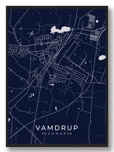 Mørkeblå Vamdrup plakat. Minimalistisk bykort med hvide linjer. Perfekt vægkunst fra Syddanmark. Nu til nedsat pris!
