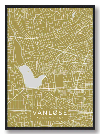 Vanløse byplakat i stilrent design. Denne Vanløse byplakat er med gul baggrund og viser Vanløse fra sin smukkeste side