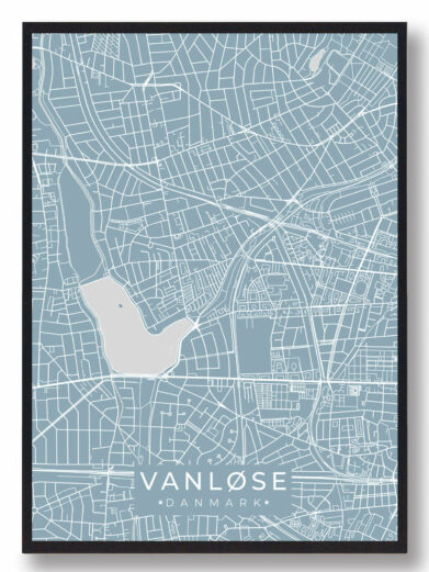 Vanløse byplakat i stilrent design. Denne Vanløse byplakat er med lyseblå baggrund og viser Vanløse fra sin smukkeste side