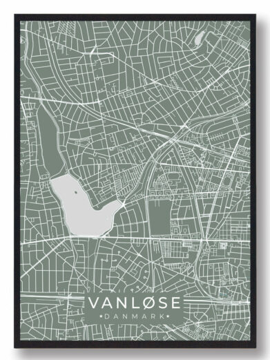 Vanløse byplakat i stilrent design. Denne Vanløse byplakat er med grøn baggrund og viser Vanløse fra sin smukkeste side