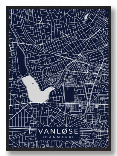Vanløse byplakat i stilrent design. Denne Vanløse byplakat er med mørkeblå baggrund og viser Vanløse fra sin smukkeste side