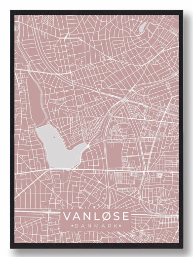 Vanløse byplakat i stilrent design. Denne Vanløse byplakat er med rosa baggrund og viser Vanløse fra sin smukkeste side
