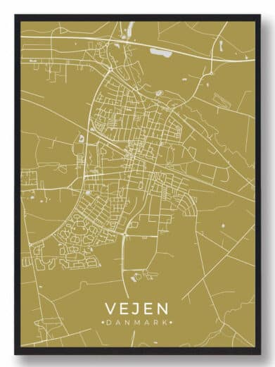 Vejen plakat i karrygul. Minimalistisk bykort med hvide linjer på gylden baggrund, indrammet i sort. Flot vægkunst fra Vejen, Syddanmark.