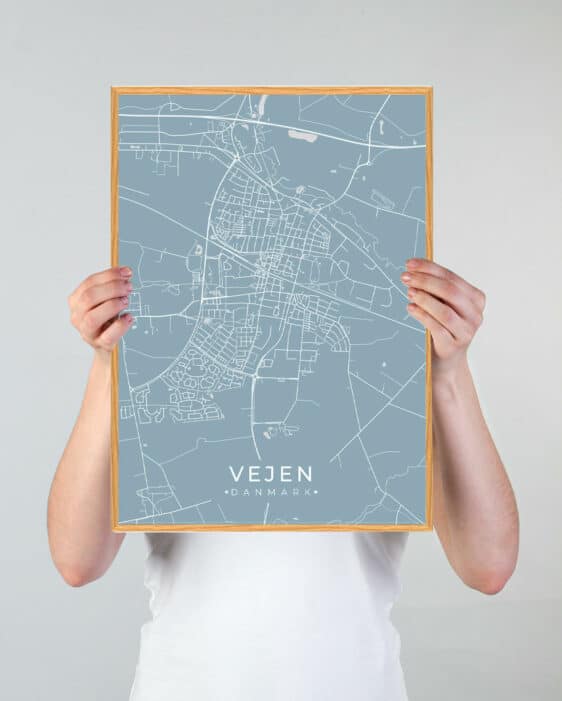 Vejen plakat i lyseblå. Detaljeret bykort med gader og veje. Minimalistisk, moderne design til vægdekoration. Vejen byplakat.