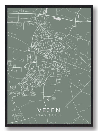 Vejen plakat i mintgrøn. Detaljeret bykort med hvide linjer på grøn baggrund, indrammet i sort. Elegant og moderne bykunst.