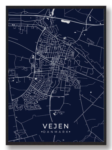 Elegant Vejen plakat i mørkeblå. Detaljeret bykort med hvide linjer, der fremhæver Vejens gader og veje. Moderne og stilfuld vægkunst.