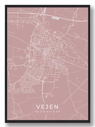 Vejen plakat i rosa farve. Minimalistisk bykort med hvide linjer på en rosa baggrund. Perfekt vægkunst fra Vejen, Danmark.