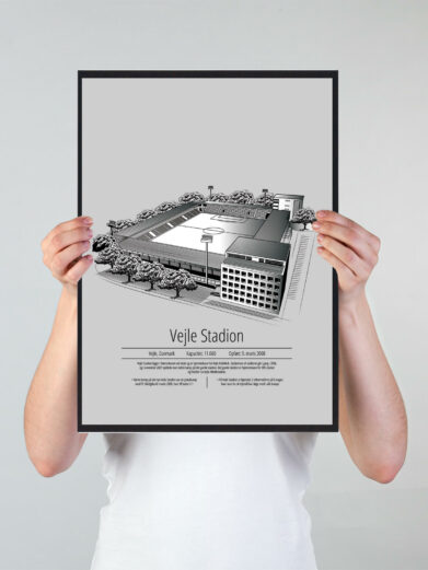 Fodbold plakat med Vejle stadion. Denne fodbold plakat med Vejle er i flot stilren grå baggrund