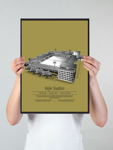Fodbold plakat med Vejle stadion. Denne fodbold plakat med Vejle er i flot stilren gul baggrund